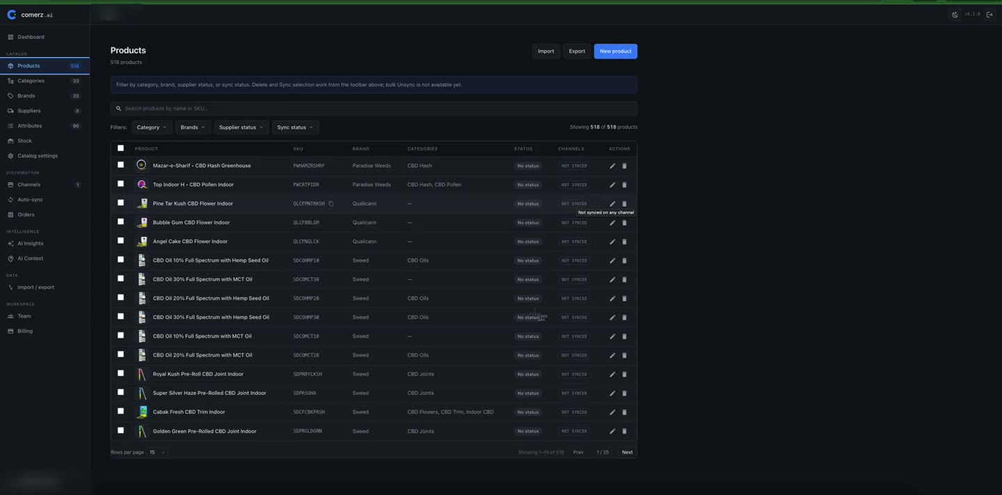 The Comerz.ai product catalogue with category, brand, supplier and synchronisation filters.